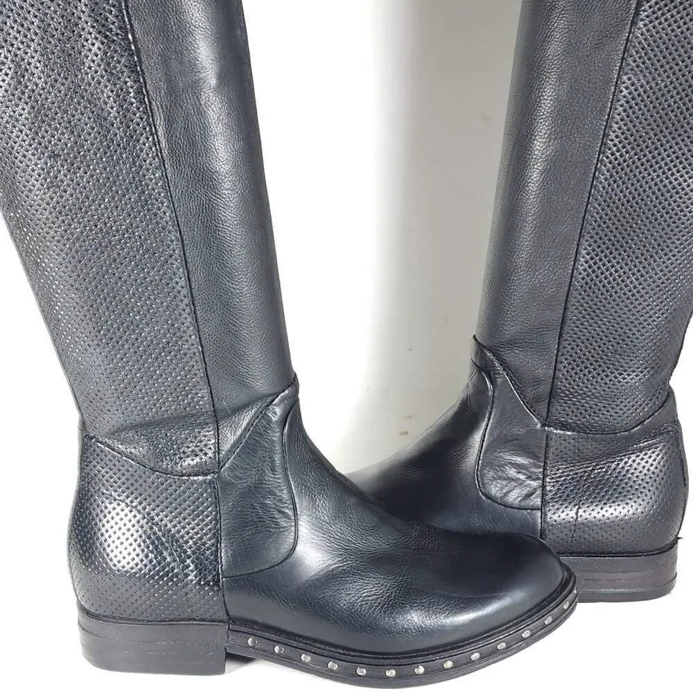A.S.98 Women's US36 EU6 Black Soft Leather Zip Studded Tall Over The Knee Boots